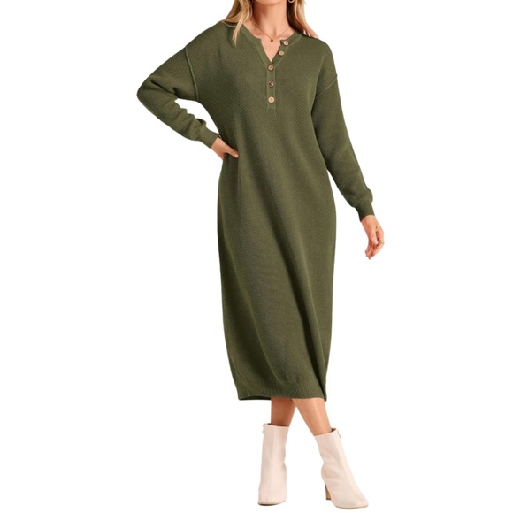 NWOT Long Knit Sweater Dress- Army Green | Button V-Neck + Long Sleeves (M) - Picture 3 of 16